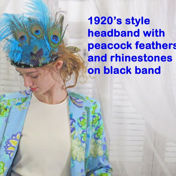Deco inspired headband, 20s Flapper style, Peacock, blue, teal feathers on black - Picture 3 of 12